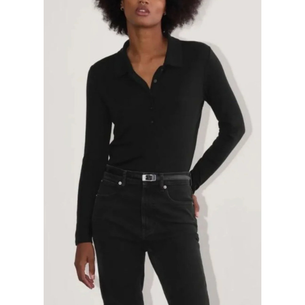 everlane the henley in butterluxe black collared long sleeve top size medium